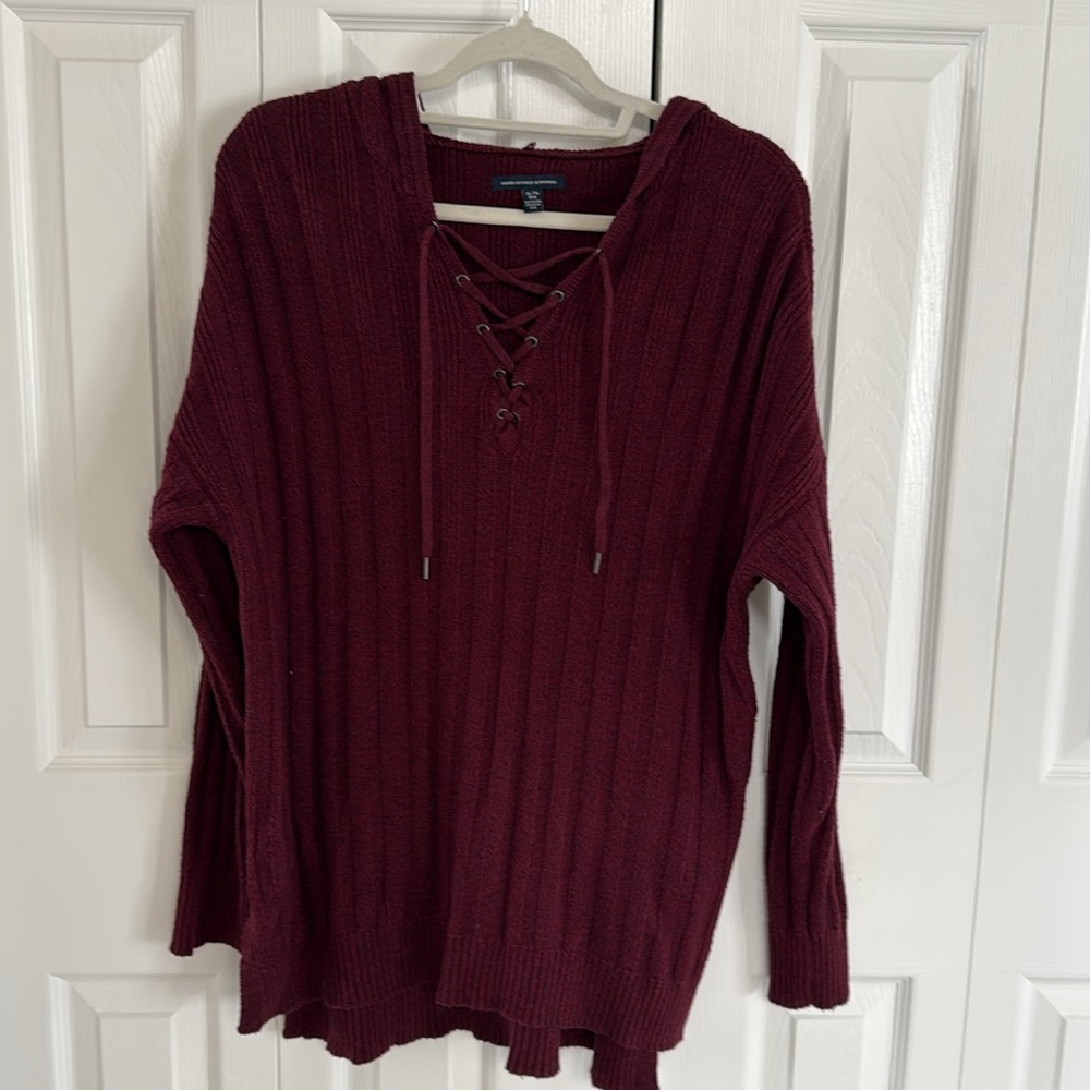 American Eagle Outfitters Burgundy Pullover Hooded Sweater-Lace-Up V-Neck - XL - Picture 2 of 10